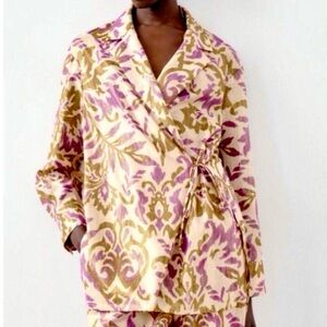 ZARA Jacquard Wrap Jacket Kimono Metallic Thread Cream Purple Olive Boho M NWT